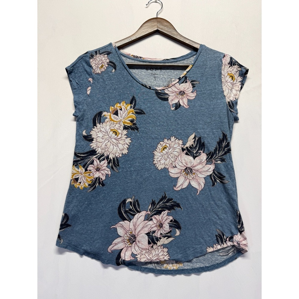 Loft Blouse‎ Top Womens Small Heather Blue Floral Linen Cap Sleeve Scoop Neck